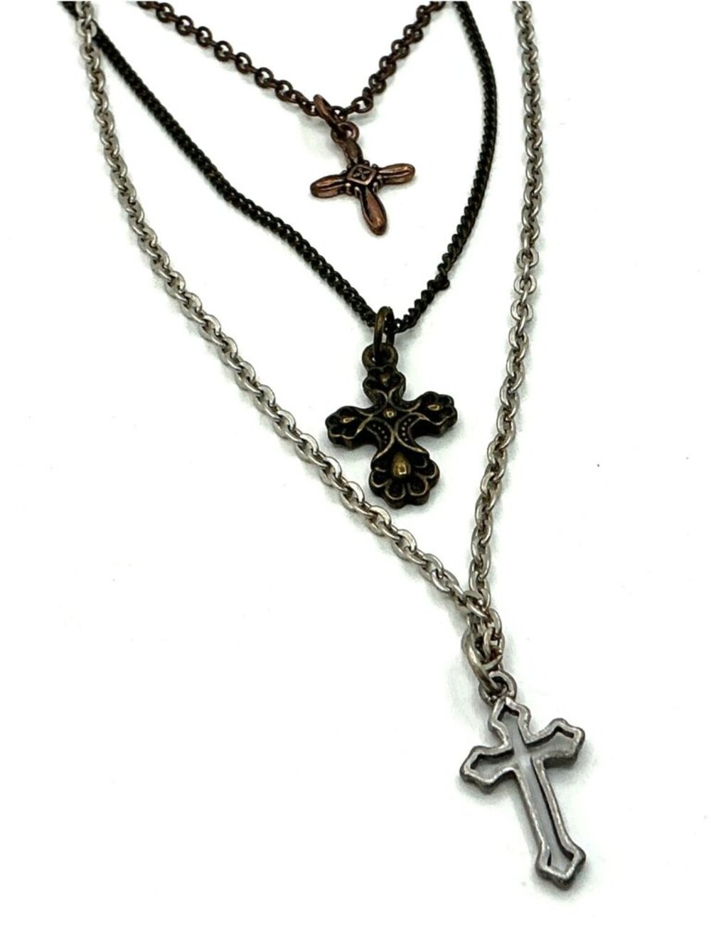 Layered Cross Pendant Necklace In Mixed Metals Silver and Bronze Chains by Premi